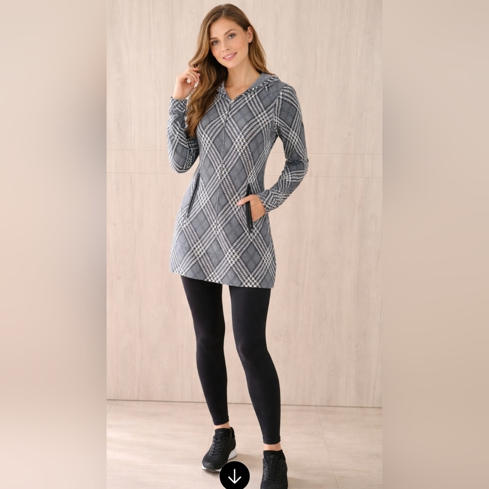 Vintage Houndstooth Hooded Long-Sleeve Knit Coatigan‎ in Gray